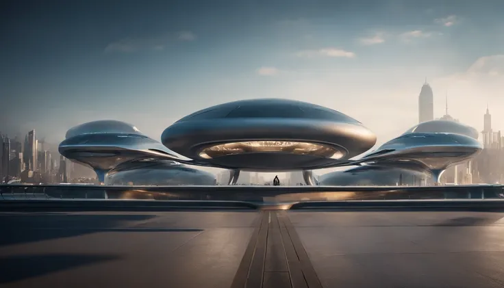 What photography，Ultra photo realsisim，hyper-detailing，Ultra-wide-angle picture，24th century，sci fi city，fansty world，Tech City of the Future，Oval building，Suspended circular aircraft，Roads leading in all directions，highly detailed surreal vfx，Smudge，Faraw...