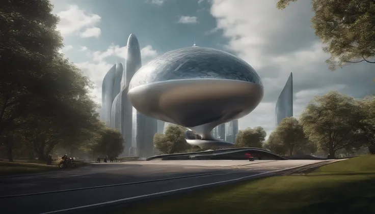 What photography，Ultra photo realsisim，hyper-detailing，Ultra-wide-angle picture，24th century，sci fi city，fansty world，Tech City of the Future，Oval building，Suspended circular aircraft，Roads leading in all directions，highly detailed surreal vfx，Smudge，Faraw...