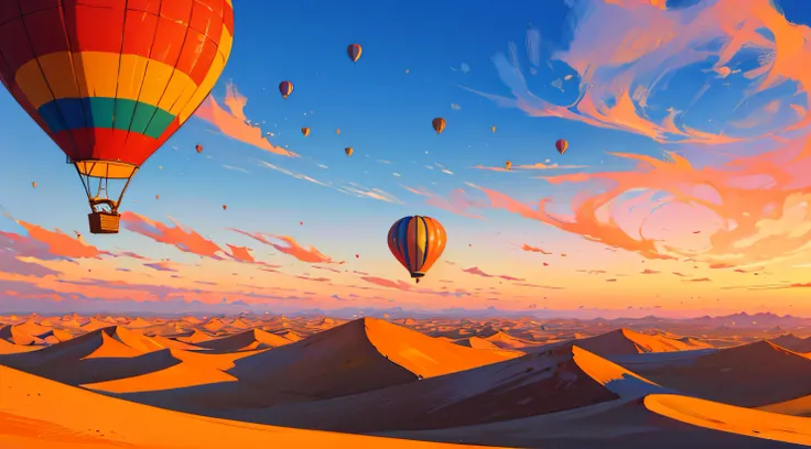 ((Best Quality, 8K, Masterpiece: 1.3)), A serene desert landscape at sunrise, with a colorful hot air balloon floating gracefully in the sky.