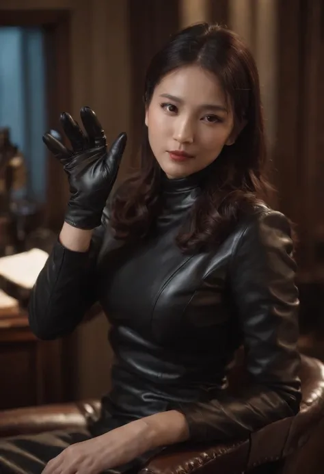 The upper body is covered with black leather gloves up to the fingertips in both hands. Black recruitment suit. Sitting on a leather chair on a desk in my room with a computer in the dark, talking to the other side of the screen. Long, black hair bundled i...