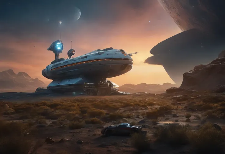 Best quality, , 超高分辨率, (Realistic photography:1.4), ultra-realistic realism, In the vast universe, there is a damaged spaceship parked. There are robots and astronauts repairing it outside the ship. There are many planets in the distance as the background.