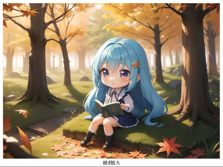 Chibichara　long hair with blue hair((Chibi Chara))、Grandpa、Grandma and Chibi Chara、Stay with us。Fluffy、girl with、Chibi Chara、full body Esbian、Pastel colors hair、masutepiece、top-quality、Reading a book in the forest of autumn leaves！