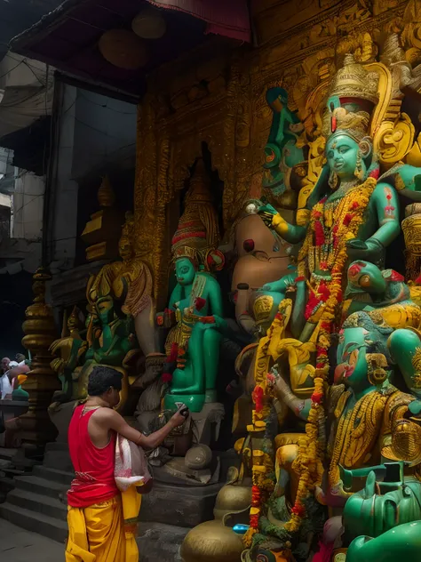 there is a man standing in front of a statue of a hindu god, goddess checking her phone, by Max Dauthendey, kalighat, by Sudip Roy, hindu aesthetic, taken in 2 0 2 0, by Bikash Bhattacharjee, contest winning masterpiece, festival of rich colors, calcutta, ...