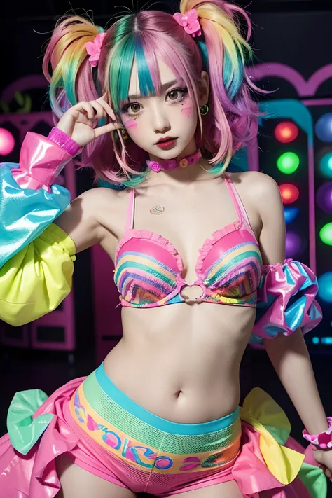 Alafe girl posing in colorful costume for photo, y 2 k cutecore clowncore, kawaii decora rainbowcore, kawaii hq render, candy girl, decora inspired, Unreal Engine : : Rave makeup, raver girl, Rave Girl, Rave Costume, glitchpunk girl, soda themed girl, play...