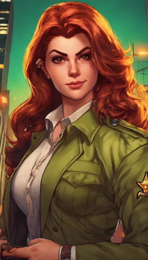 (melhor qualidade,4k,8k,alto,master part:1.2),ultra-detalhado,(Realistic,fotorrealista,photo-realistic:1.37),Barbara Gordon, Jovem mulher de 19 anos l, Cabelos ruivos bonitos, vestindo uniforme policial,olhos castanhos penetrantes, Beleza Suprema, Gotham C...