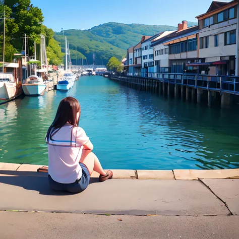 Woman sitting in the harbor,Full body shot taken from bottom to top,wide angle shooting,((close-up))