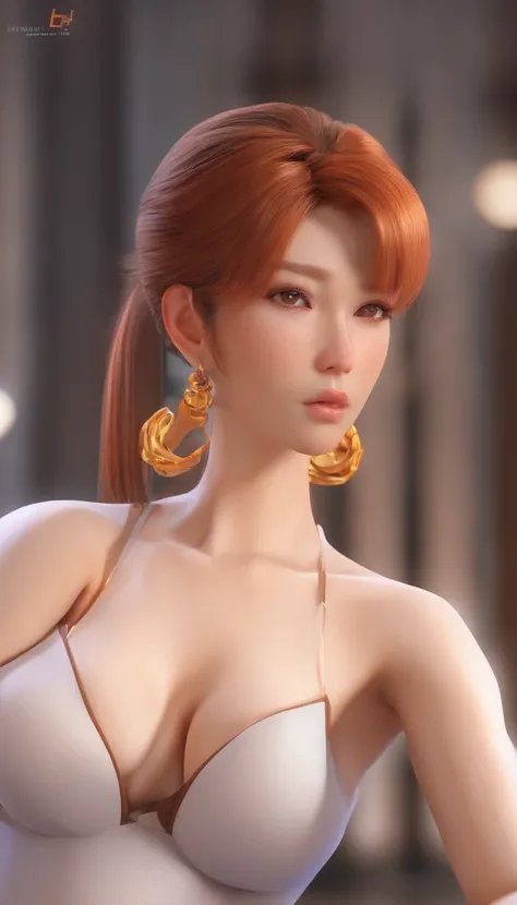 (masterpiece:1.1), (highest quality:1.1), fullbody, short hair, good anatomy, hair bun,, (1girl:1.2), (detailed face and eyes:1.25), solo, orange hair, brown hair, brown eyes, (huge breasts:1.3), ((white skintight bodysuit:1.2), cleavage:1.2), blush, looki...