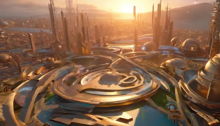 What photography，Ultra photo realsisim，Hyper-detailing，Ultra-wide-angle picture，24th century，sci fi city，and the sun was shining brightly，Tech City of the Future，Oval building，Suspended circular aircraft，Roads that lead in all directions，highly detailed su...