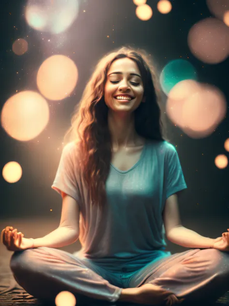 a woman in lotus pose floating above the ground, smiling slightly, blissful, bokeh