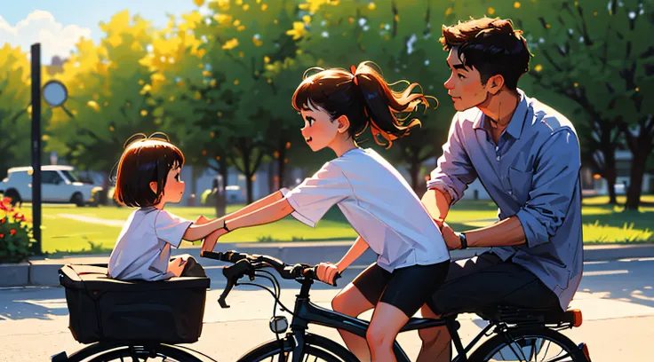 ((Best Quality, 8K, Masterpiece: 1.3)), A parent teaching their child to ride a bike, showcasing the nurturing aspect of family life.