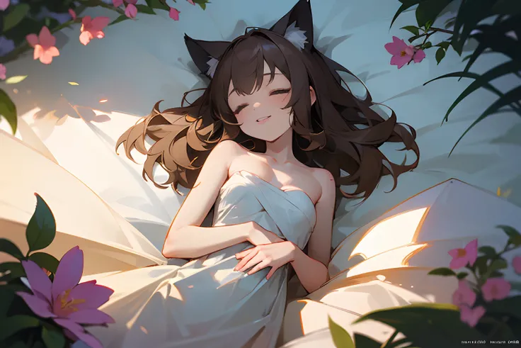 ((best quality)),in 8K,from above, cinematic lighting, (Sleeping happily smiling on a small flower、Drip a lot of saliva、Very unkempt hair, slightly exposed breasts, Hide your nakedness with a tattered and torn dirty blanket、Slender small breasts）、Open your...