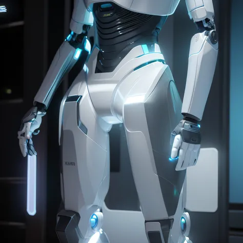 Close-up of a robot standing in a room with lights, Super detailed male robot, realistic shaded robotic parts, rendered in nvidias omniverse, detailed humanoid, sci - fi details, extra detailed body, Futuristic robot body, detailed cinematic rendering, sci...