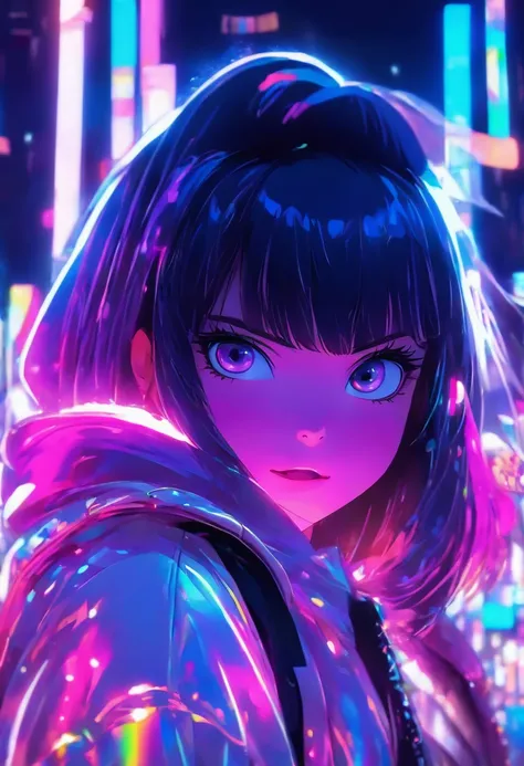 Young adult girl with black layered hair, straight front bangs, purple right eye and pink left eye, white holographic Jacket with hood, Night background with neon lights in amusement park, different expressions ,Background bubbles, white skin