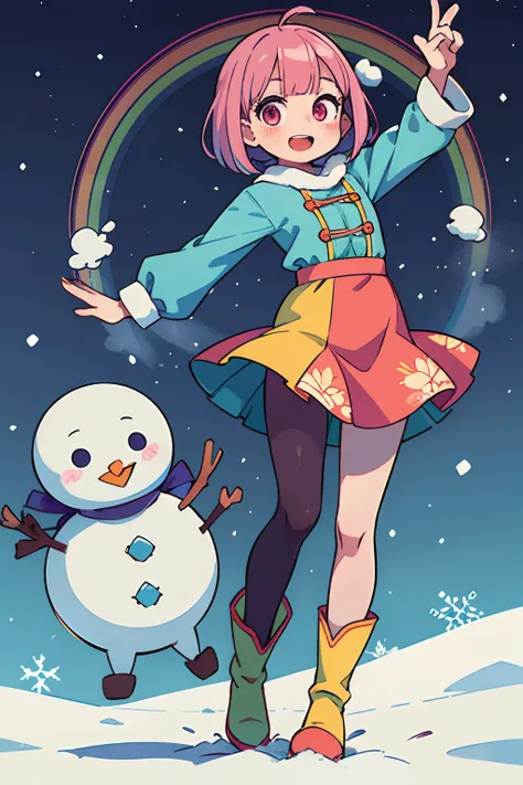 Stand in front of the photo、1girl in,Full body,Short Bob, rainbow color Hair,long boots,Open mouth and big smile、kawaii pose、Flowing iridescent silk、Wearing colored tights、up of face、Eye Up、Colorcon with heart pattern、Floral dress、Pose with a snowman、snows...