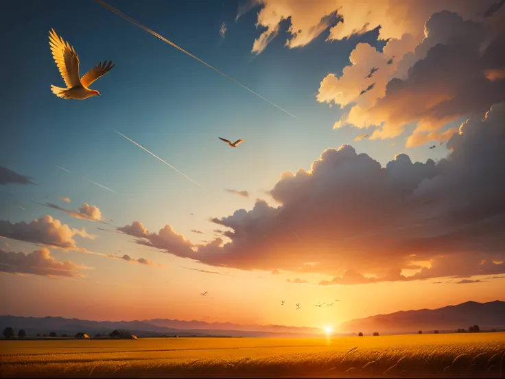 Under the setting sun, golden wheat fields, birds flying in the sky