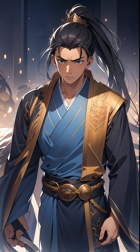 quadratic element，style of anime，mtu（Male Warrior），The proportions are correct，Face details，swordsmen，High ponytail hairstyle，Neck details，There is an Adams apple，Blue suit，kaftan，long blue robes，clothes details，Handing over，longer sleeves，Game quality，Swo...