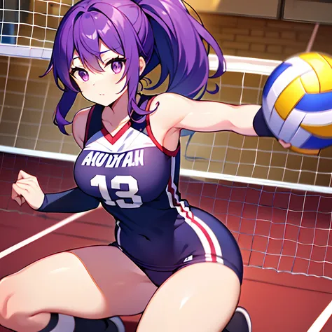 A woman, athletic body, perfect body, tabby body, purple hair, purple eyes, ponytail style hair, sports uniform, playing volleyball, volleyball court