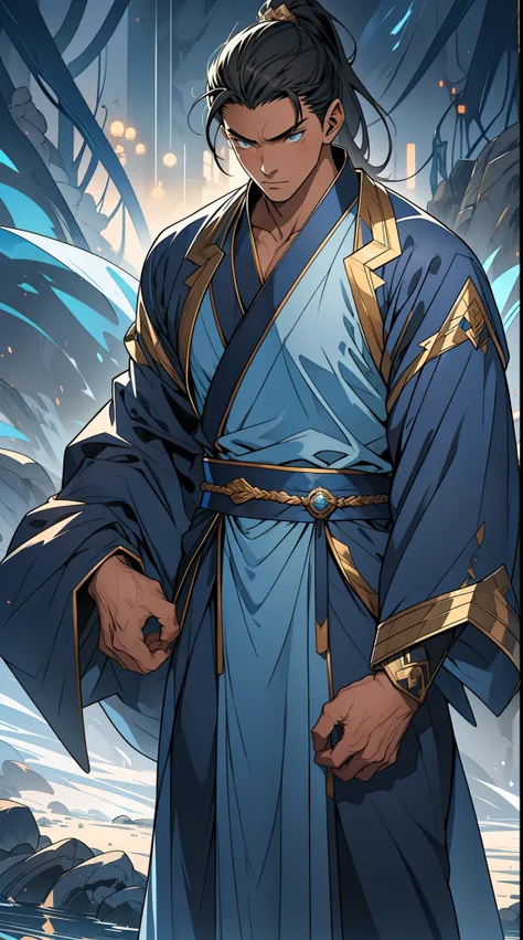 quadratic element，style of anime，mtu（Male Warrior），The proportions are correct，Face details，swordsmen，High ponytail hairstyle，Neck details，There is an Adams apple，Blue suit，kaftan，long blue robes，clothes details，Handing over，longer sleeves，Game quality，Swo...