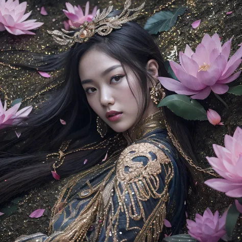 32K（tmasterpiece，k hd，hyper HD，32K）Long flowing black hair，ponds，zydink， a color， Aozhou people （Concubine girl）， （Purple silk scarf）， Combat posture， looking at the ground， long whitr hair， Floating hair， Carp pattern headdress， Chinese long-sleeved cloth...