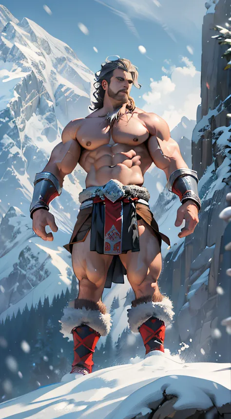 Mighty warrior, shirtless upper body, legs exposed from thighs to feet, cascading long curls, detailed muscular physique, lifelike depiction, 4K resolution. Background: Snow-covered mountain peak,32k uhd, best quality, masterpiece, super detail, high detai...