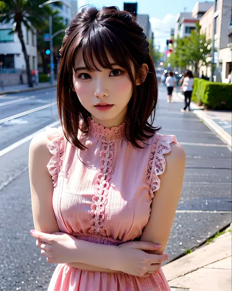 a woman posing on the street corner with pink dress on, best quality, high res, 8k, 1girl, (huge breasts), day, bright, outdoor,...