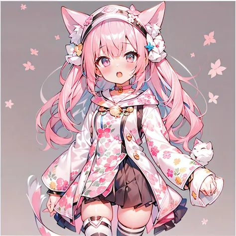 Cute girl with cat ears、Japan anime style、Moe、（full body2.0）、（1 person only 2.1）、（No background 1.8）、Authentic and highly detailed body、小柄、girl with、childish、10yaers old、length hair、bangss、A pink-haired、Authentic and highly detailed face、beautiful eyes tha...