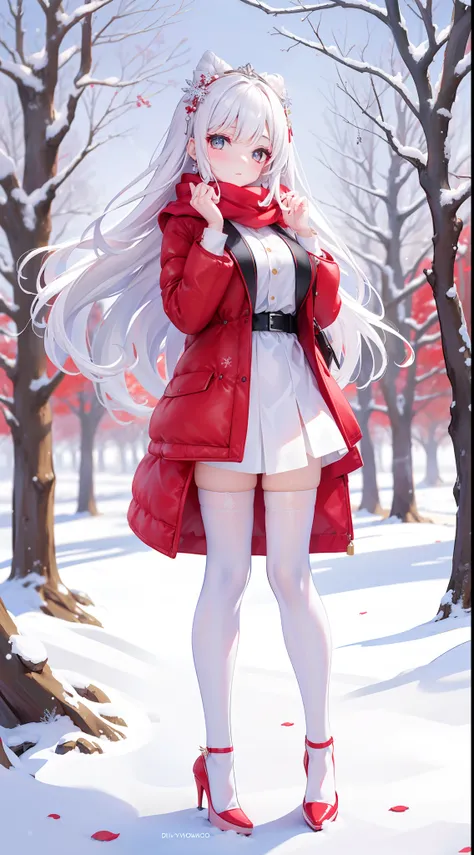 A peerless beauty，Beautiful facial features，putting makeup on，Blushlush，（cabelos preto e longos，White down jacket，Red scarf），high-heels，（Fuyuhime love song，plane trees，Snowflakes flying，White snow），Realiy，modern day，Portrait photo，Get close to the lens，dep...