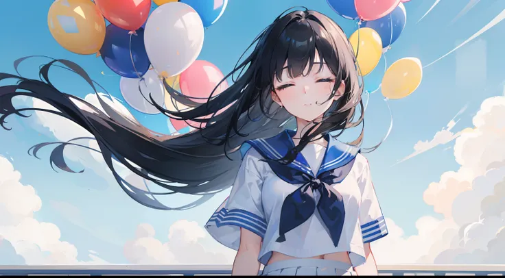 Masterpiece, fine detail, 4k, 8k, 12k, solo, solo, beautiful girl, white woman, upper body, sailor uniform, blue pleated skirt, black hair, long hair, hair blowing in the wind, eyes closed, sunlight, many balloons ,blue sky