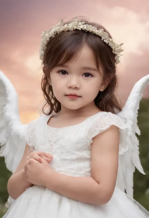 (child), Angel Cupid cos:1.3, little Asian child，brown hair, black eyes, (upper body), White dress, (in the dreamy clouds), Cupid, Ultra photo realsisim, Realistic, best quality real texture skin,cute true circle Symmetrical eyes, cute face, medieval world...