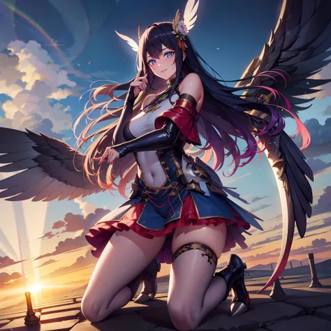 1 woman, spreading her wings, wearing a coat of white feathers,, wings full of the back, radiant hello, long hair flowing, mecha...