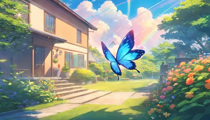 A rainbow butterfly flying in the garden before a house, very detailed, 4K realistic