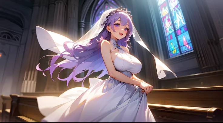 1 girl, game CG, white bride dress, shoulders visible, veil, hair ribbon, gigantic breasts, light purple hair, long hair, french braid, purple eyes, happiness, church,