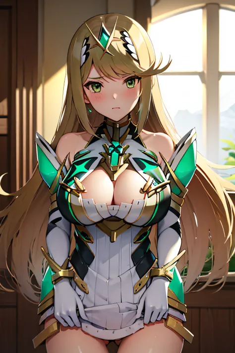 Mythra(xenoblade), 1girl, ​masterpiece、top-quality、seminude、A slender、bullish、Courage、Lewd、open legs, lowerbody、