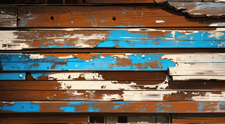 ((Best Quality, 8K, Masterpiece: 1.3)), A close-up of peeling paint on weathered wood, showcasing the rustic beauty of decay.