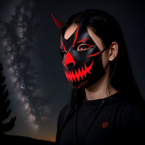 girl wearing demon mask, starry sky in background