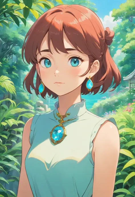 a girl wearing an anime collar, a long necklace and earrings, in the style of tranquil gardenscapes, colorful animation stills, masami teraoka, aquamarine, paul gauguin, Embry style, honest portrayal