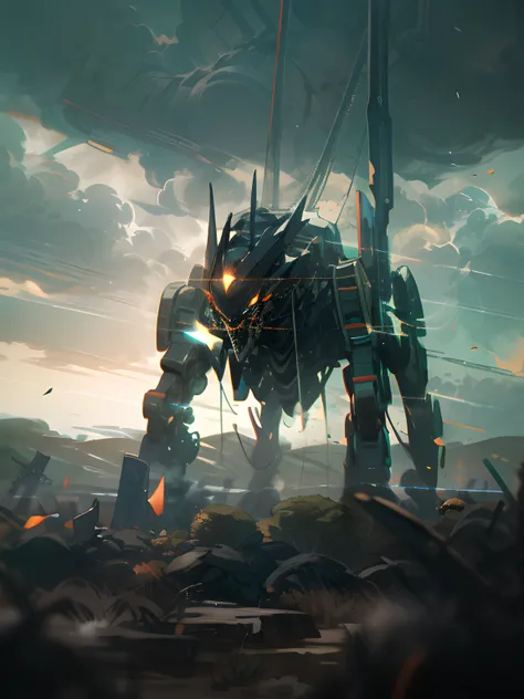 A majestic mech standing tall in a Petrified Field, as illustrated by Glen Angus, highly detailed, dynamic lighting, cinematic composition, futuristic, mechanical, sci-fi, dark and moody atmosphere, HD, trending on ArtStation:: Glen Angus style, mechanical...