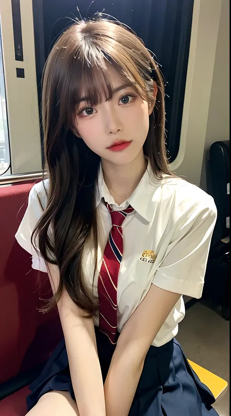 (masterpiece, bestquality:1.2), 10, 15 me, 85 mm., official art, RAW photo, Absurd, white blouse, pretty face, Up Close, Upper body, Violaceaess, Gardenia, beautiful girl, School uniform, (Navy pleated skirt:1.1), Curly waist, thights, short sleeves, In th...