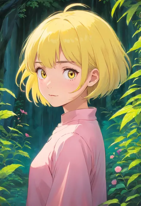 masterpiece, girl with pink skin, yelow short hair