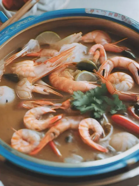 A tray filled with Tom Yum Kung and seafood filled with shrimp in the centr., In the style of blue and light beige., Magewev, Meticulous technique, colorfully, arrange, Babycore, Also bold., lissome, Threaded group, --rhythm