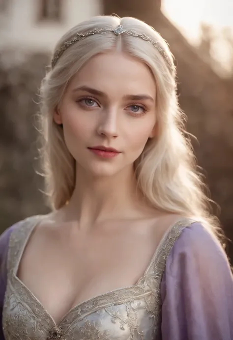 pale fair complexion, woman around 18 years old, natural silver-blonde hair, violet eyes, wearing kohl, beautiful, large breasts, candlelight in a medieval setting, ultra sharp focus, realistic shot, medieval female clothes