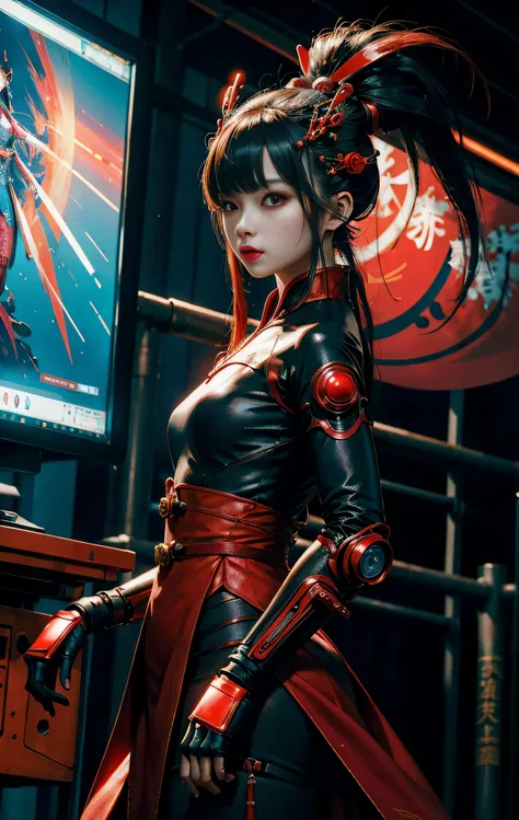 1 girl, solo, cyberhanfu, long sleeves, chinese_clothes, in red and black, cyberpunk city, dynamic pose, Headdress, hair ornament, long hair, cyberpunk, a high-tech city, full of machinery and futuristic element, futurism, technology