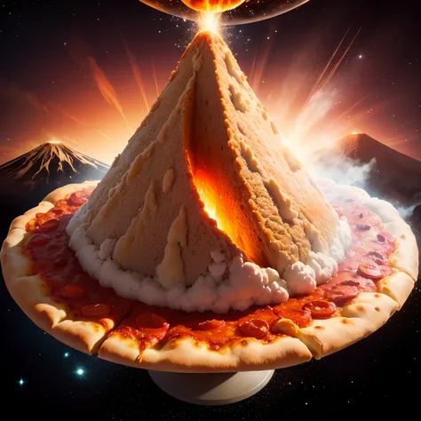 pizza volcano erupting on center, shining bread, universe background