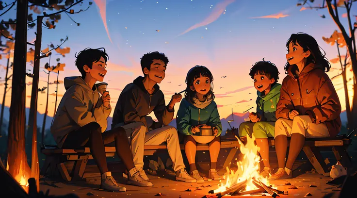 ((Best Quality, 8K, Masterpiece: 1.3)), Friends huddled around a campfire, roasting marshmallows and telling stories, evoking the spirit of outdoor bonding.