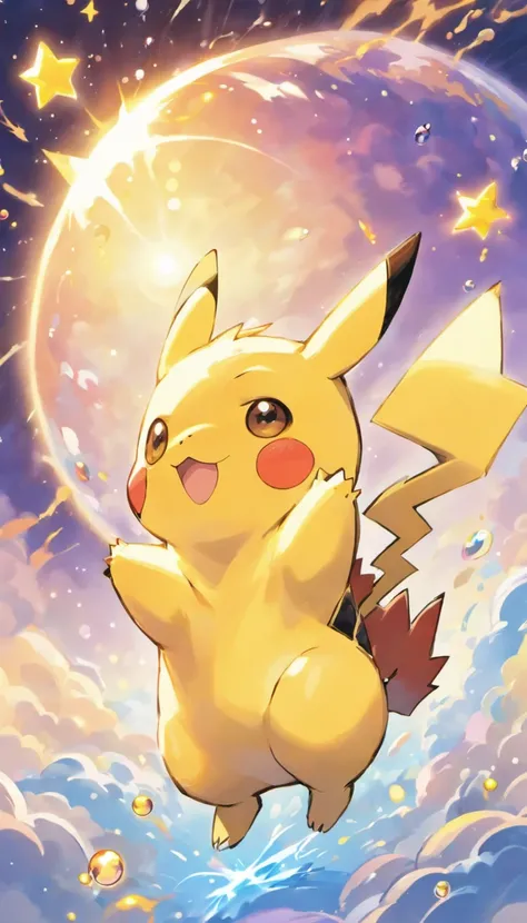 Cute Pikachu，Lively and agile，Yellow soft hairs，Red blush，sparkling big eyes，Cute little pointy ears，Lightning background，Surreal、Otherworldly、Illustration of the super sky scene，Beautifully rendered down to the smallest detail, See the bubbles gently blow...