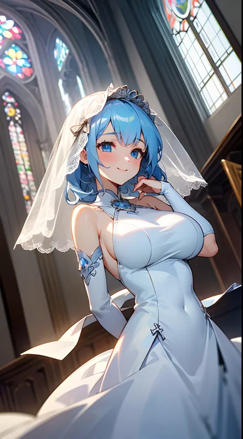 1 girl, game CG, white bride dress, shoulders visible, veil, string hair ribbon, gigantic breasts, light blue hair, middle hair, two side up, blue eyes, happiness, church,