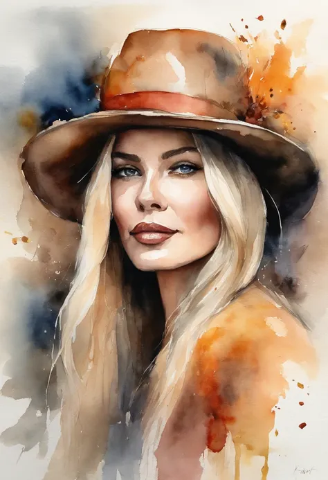 Long blonde woman in Russian hat、luminous design、PastelColors、dripping ink、autumn lights