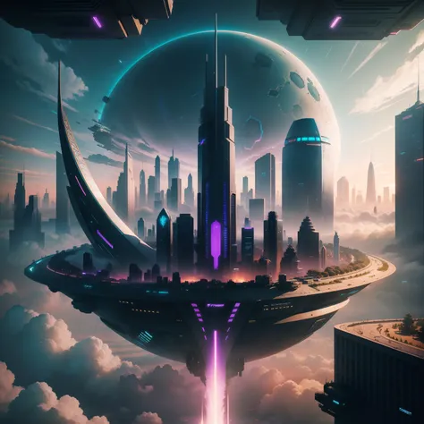 cyberpunked，epcot，Futuristic cityscape lined with skyscrapers，ＳＦart by，top-quality，超A high resolution，dream，futuristic cities，planet earth，Skyscraper high through the clouds，