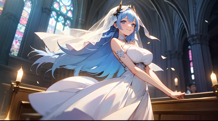 1 girl, game CG, white bride dress, shoulders visible, veil, string hair ribbon, gigantic breasts, light blue hair, middle hair, two side up, blue eyes, happiness, church,