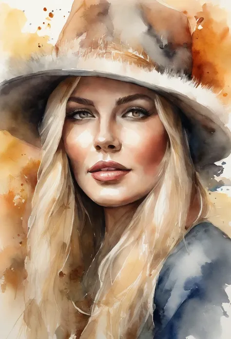 Long blonde woman in Russian hat、Russian hat with raccoon fur、Blonde and long straight hair woman、luminous design、PastelColors、dripping ink、autumn lights